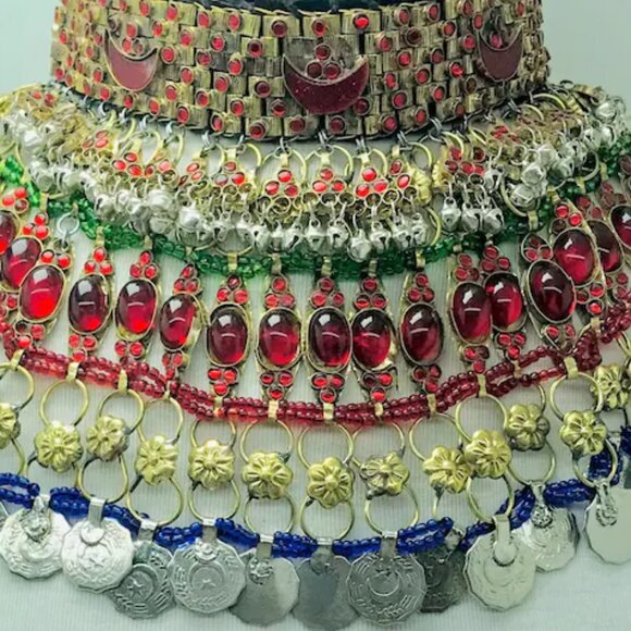 Red Stones Afghan Necklace, Vintage Coins Multilayer Choker Necklace, Gypsy - Picture 6 of 14